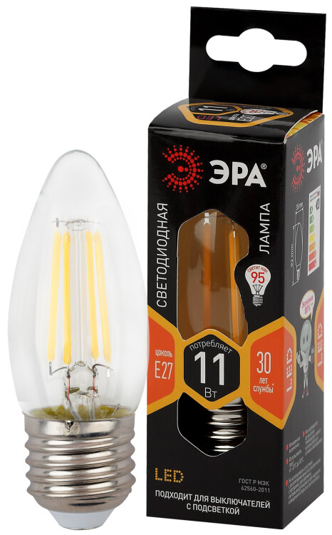 Лампы (источники света) лампа светодиодная f-led b35-11w-827-e27 (филамент, свеча, 11вт, тепл, e27) | б0046986 | эра купит в Эфир Электро
