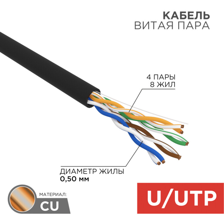 Кабель витая пара (UTP, FTP) кабель витая пара u/utp, категория 5e, pe, 4pr, 24awg, внешний, черный, 25 м | 01-0045-25 | rexant купить в Эфир Электро