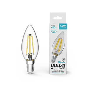 1Лампы (источники света) лампа светодиодная basic filament свеча 4,5w 420lm 4100к е14 led 1/10/50 | 1031215 | gauss выгодная цена