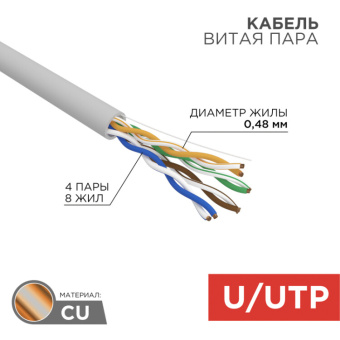 1Кабель витая пара (UTP, FTP) light кабель витая пара u/utp, категория 5e, zh нг(а)-hf, 4pr, 24awg, внутренний, серый, 305 м | 01-0059 | rexant выгодная цена
