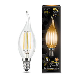 1Лампы (источники света) лампа светодиодная led 9вт e14 2700k filament candle (свеча) tailed | 104801109 | gauss выгодная цена