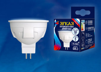 1Лампы (источники света) лампа светодиодная led-jcdr 6w/nw/gu5.3/fr/dim plp01wh led, димм.. «jcdr», мат, серия яркая, пр-во россия, 4000к | ul-00003989 | uniel выгодная цена
