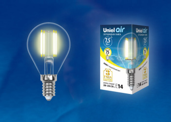 1Лампы (источники света) лампа светодиодная led-g45-7,5w/ww/e14/cl gla01tr led. "шар", прозр серия air. 3000k | ul-00003250 | uniel выгодная цена
