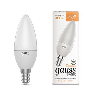 1Лампы (источники света) лампа светодиодная basic свеча 5,5w 400lm 3000k e14 led 1/10/100 | 1033116 | gauss выгодная цена