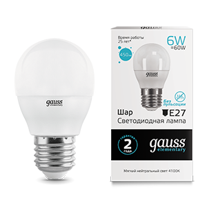 1Лампы (источники света) лампа светодиодная led 6вт e27 220в 4100к elementary шар | 53226 | gauss выгодная цена