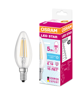 1Лампы (источники света) лампа светодиодная филаментная led star classic b 5w, прозрачная колба, е14 ledsclb50 5w/840 230v fil e1410x1ru | 4058075116702 | osram выгодная цена