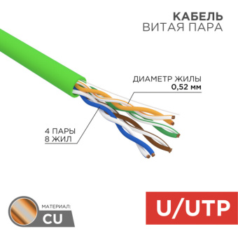 1Кабель витая пара (UTP, FTP) кабель витая пара u/utp, cat 5e, нг(а)-lsltx, 4х2х0,52мм, 24awg, indoor, solid, зеленый, 305м | 01-0061 | rexant выгодная цена