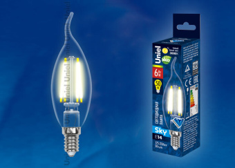 1Лампы (источники света) лампа светодиодная led-cw35-6w/ww/e14/cl pls02wh led. "свеча на ветру", прозр. серия sky. 3000к . | ul-00000200 | uniel выгодная цена