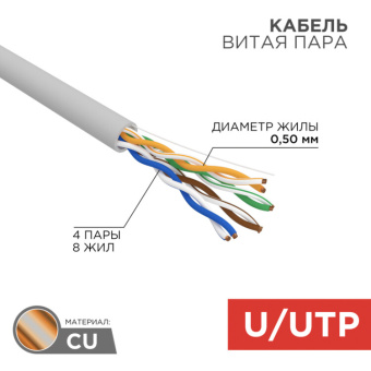 1Кабель витая пара (UTP, FTP) кабель utp 4pr 24awg, cu (медь), cat5e, 100 мгц, pvc, серый, бухта 100 м | 01-0043-100 | rexant выгодная цена