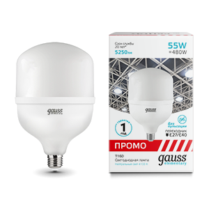 1Лампы (источники света) лампа светодиодная промышленная elementary t160 55w 5250lm 4000k e40 promo led 1/12 | 60426 | gauss выгодная цена