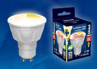 1Лампы (источники света) лампа светодиодная led-jcdr 6w/ww/gu10/fr/dim plp01wh led, димм.. «jcdr», мат, серия яркая, пр-во россия, 3000к | ul-00003990 | uniel выгодная цена