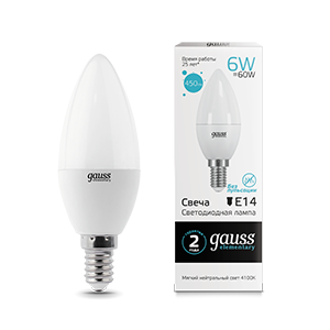 1Лампы (источники света) лампа светодиодная led 6вт e14 220в 4100к elementary свеча | 33126 | gauss выгодная цена