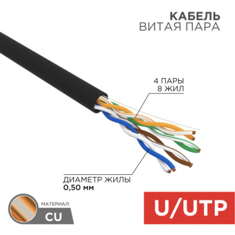 1Кабель витая пара (UTP, FTP) кабель utp 4pr 24awg, cu (медь), cat5e, 100 мгц, pe, черный, outdoor, бухта 50 м | 01-0045-50 | rexant выгодная цена