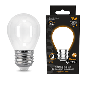 1Лампы (источники света) лампа светодиодная filament шар 9w 590lm 3000к е27 milky led 1/10/50 | 105202109 | gauss выгодная цена