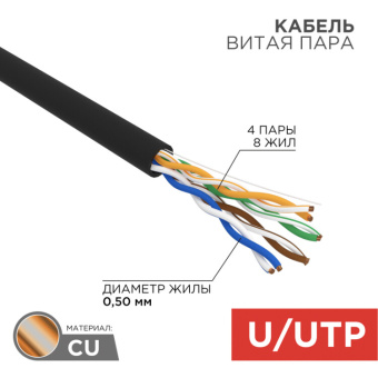1Кабель витая пара (UTP, FTP) кабель витая пара u/utp, категория 5e, pe, 4pr, 24awg, внешний, черный, 100 м | 01-0045-100 | rexant выгодная цена