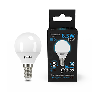 1Лампы (источники света) лампа светодиодная шар 6.5w 550lm 6500k e14 led 1/10/100 | 105101307 | gauss выгодная цена