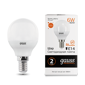 1Лампы (источники света) лампа светодиодная led 6вт e14 220в 2700к elementary шар | 53116 | gauss выгодная цена