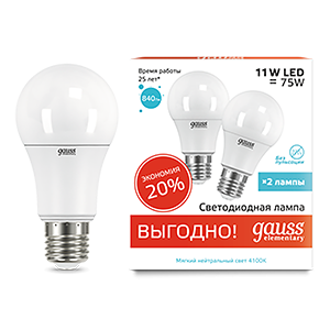 1Лампы (источники света) лампа светодиодная led 11вт e27 220в 4100к elementary (2 лампы в упаковке) | 23221p | gauss выгодная цена