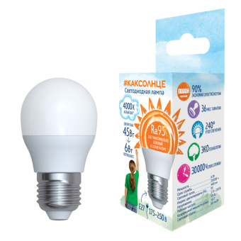 1Лампы (источники света) лампа светодиодная led-g45-6w/4000k/e27/fr/ra95 plk01wh led. «шар», мат.. 4000к . | ul-00006533 | uniel выгодная цена