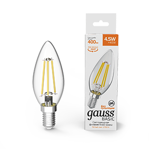 1Лампы (источники света) лампа светодиодная basic filament свеча 4,5w 400lm 2700к е14 led 1/10/50 | 1031115 | gauss выгодная цена
