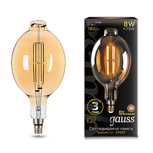 1Лампы (источники света) лампа светодиодная led vintage filament bt180 8w e27 180*360mm amber 780lm 2400k 1/6 | 151802008 | gauss выгодная цена