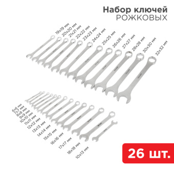 1Инструмент ручной набор ключей комбинированных 6х32 мм, 26 шт., crv, полированный хром | 12-5848 | rexant выгодная цена