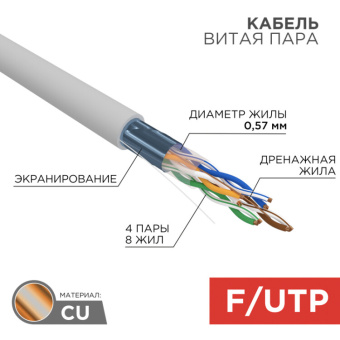1Кабель витая пара (UTP, FTP) кабель f/utp, cat 6, zh нг(а)-hf, 4pr, 23awg, indoor, серый, 305 м | 01-0167 | rexant выгодная цена