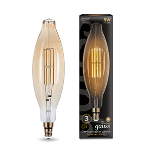 1Лампы (источники света) лампа светодиодная led vintage filament bt120 8w e27 120*420mm amber 780lm 2400k 1/10 | 155802008 | gauss выгодная цена