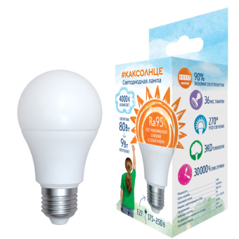 1Лампы (источники света) лампа светодиодная led-a60-9w/4000k/e27/fr/ra95 plk01wh led, мат.. 4000к . | ul-00006504 | uniel выгодная цена