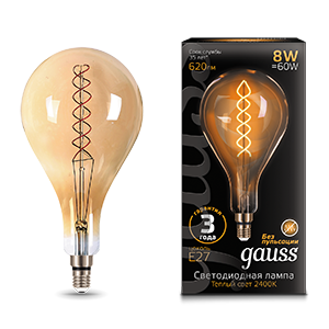1Лампы (источники света) лампа светодиодная led vintage filament flexible a160 8w e27 160*300mm amber 620lm 2400k 1/6 | 150802008 | gauss выгодная цена