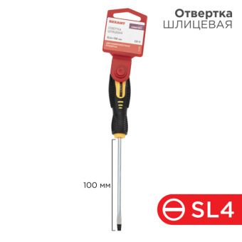 1Инструмент ручной отвертка шлицевая sl 4х100 мм, двухкомпонентная рукоятка | 12-6424 | rexant выгодная цена