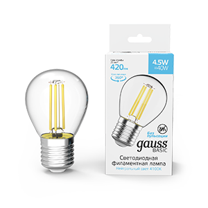 1Лампы (источники света) лампа светодиодная basic filament шар 4,5w 420lm 4100к е27 led 1/10/50 | 1051215 | gauss выгодная цена