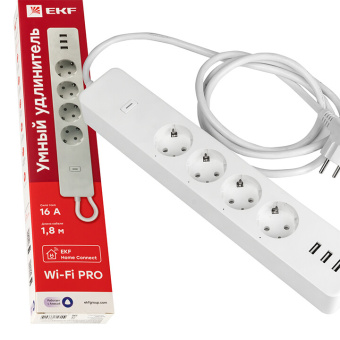 1Умный дом удлинитель умный с управлением по wi-fi pro 4 гнезда + 3хusb с выкл. бел. homeconnect | rce-2-wf | ekf выгодная цена