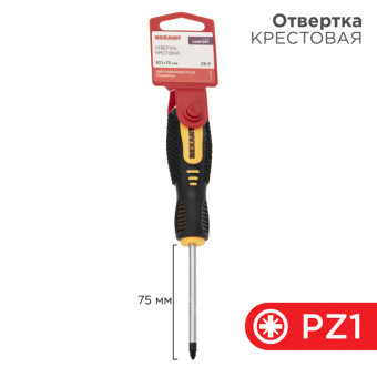 1Инструмент ручной отвертка крестовая pz 1х75 мм, двухкомпонентная рукоятка | 12-6414 | rexant выгодная цена
