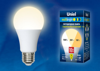 1Лампы (источники света) лампа светодиодная led-a60-10w/ww/e27/fr/mb plm11wh led. «а», матовая. серия multibright. 3000k 100-50-10 . | ul-00002371 | uniel выгодная цена