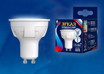 1Лампы (источники света) лампа светодиодная led-jcdr 6w/nw/gu10/fr plp01wh led. «jcdr», матовая. серия яркая, пр-во россия, 4000k | ul-00002421 | uniel выгодная цена