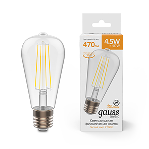 1Лампы (источники света) лампа светодиодная basic filament st64 4,5w 470lm 2700к е27 led 1/10/40 | 1121215 | gauss выгодная цена
