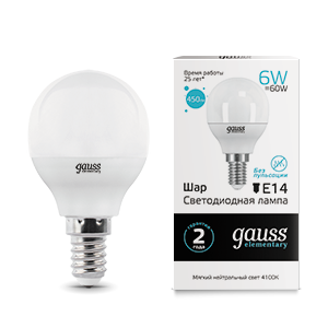 1Лампы (источники света) лампа светодиодная led 6вт e14 220в 4100к elementary шар | 53126 | gauss выгодная цена