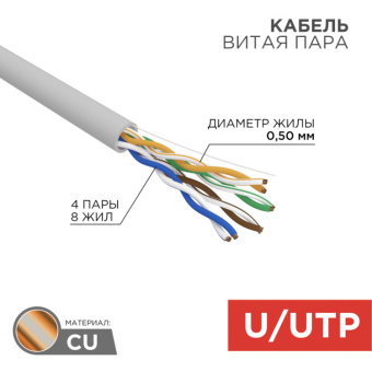 1Кабель витая пара (UTP, FTP) кабель u/utp, cat 5e, zh нг(а)-hf, 4pr, 24awg, indoor, серый, 305 м | 01-0069 | rexant выгодная цена