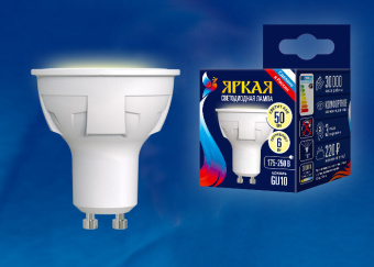 1Лампы (источники света) лампа светодиодная led-jcdr 6w/ww/gu10/fr plp01wh led. «jcdr», матовая. серия яркая, пр-во россия, 3000k | ul-00002423 | uniel выгодная цена
