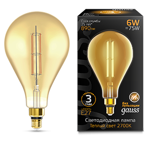 1Лампы (источники света) лампа светодиодная led vintage filament straight ps160 6w e27 160*290mm amber 890lm 2700k 1/6 | 179802118 | gauss выгодная цена
