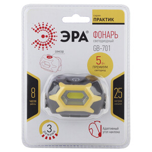 1Фонари фонарь налобный 1хled cob 3хааа gb-701 практик, сенсор, 3 режима | б0027819 | эра выгодная цена