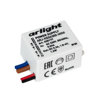 1Ленты светодиодные блок питания arj-ke04300-mini (1.2w, 300ma) (arlight, ip20 пластик, 5 лет) | 030177 | arlight выгодная цена