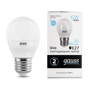 1Лампы (источники света) лампа светодиодная led 6вт e27 220в 6500к elementary шар | 53236 | gauss выгодная цена