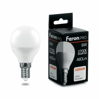 1Лампы (источники света) лампа светодиодная .pro lb-1406 шарик e14 6w 2700k osram led | 38065 | feron выгодная цена