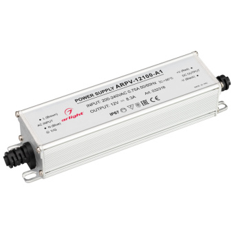 1Ленты светодиодные блок питания arpv-12100-a1 (12v, 8.3a, 100w) (arlight, ip67 металл, 3 года) | 032316 | arlight выгодная цена