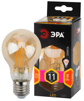 1Лампы (источники света) лампа светодиодная f-led a60-11w-827-e27 gold (филамент, груша золот., 11вт, тепл, е27) | б0035039 | эра выгодная цена
