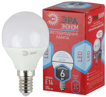 1Лампы (источники света) лампа cветодиодная eco led p45-6w-840-e14 (диод, шар, 6вт, нейтр, e14) (10/100/3600) | б0020628 | эра выгодная цена