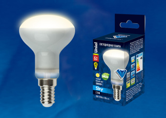 1Лампы (источники света) лампа светодиодная led-r50-6w/ww/e14/fr pls02wh led. «рефлектор», матовая 3000к серия sky | ul-00001491 | uniel выгодная цена