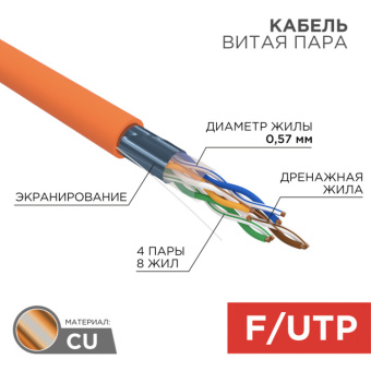 1Кабель витая пара (UTP, FTP) витая пара ftp 4pr 23awg cat6 305м zh нг(а)-hf cu premium цвет оранж. | 01-0151 | rexant выгодная цена